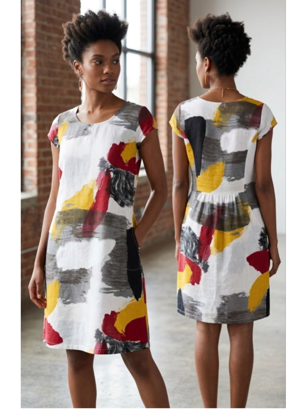 Terzo Millennio Italy Linen Shift Dress M Abstract Art To Wear Pocketed GUC